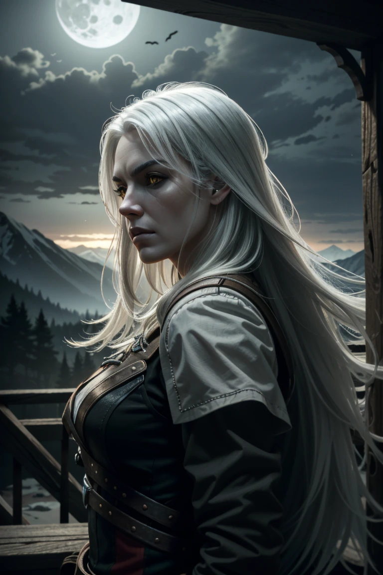 full body shot, RAW photo, 1woman, Ciri standing in a field, looking furious, necklace, green eyes, (white loose shirt), long face, thin face, hair tied back, (black eyebags), black eye shadow, brown waist belt,((high detailed skin)), ((high detailed facial features)), 8k uhd, dslr, soft lighting, high quality, high resolution