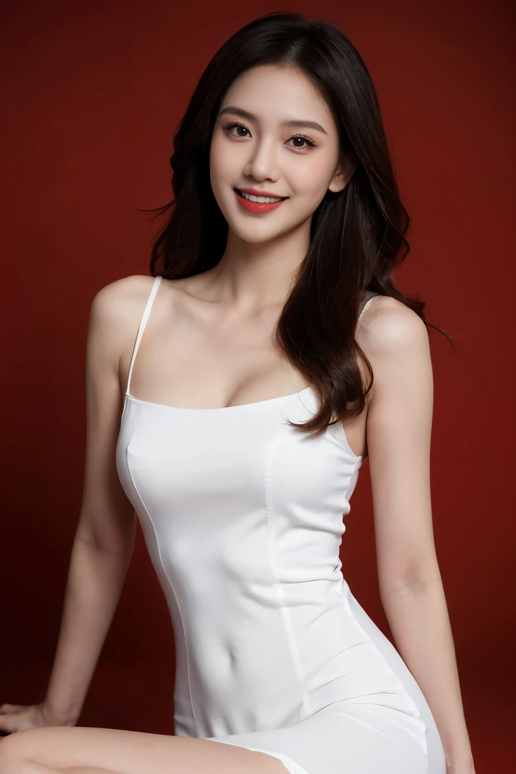 4k, masterpiece,, stunning beautiful idol detailed face, all body , (vietnam model girl), nsfw, sexy, see-though clothes, light smile, make up, big , red color, ((tet red color backdrop)), white sheer dress