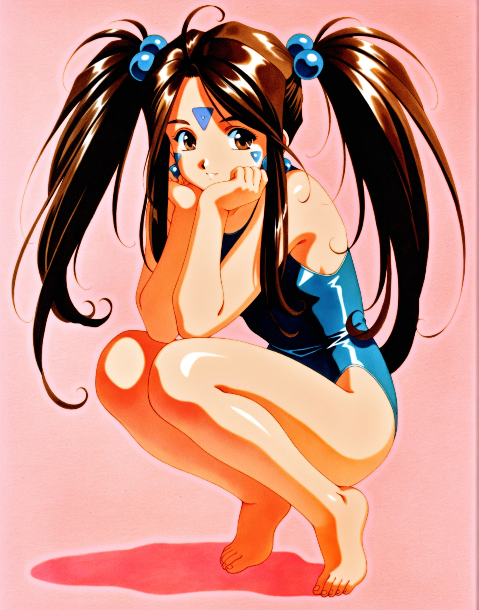 Skuld, 1girl, solo, twintails, facial mark, swimsuit, one-piece swimsuit, forehead mark, brown eyes, brown hair, long hair, 1990s (style), squatting, barefoot, jewelry, earrings, retro artstyle, hair bobbles, traditional media, <lora:Kosuke Fujishima_XL:0.8>