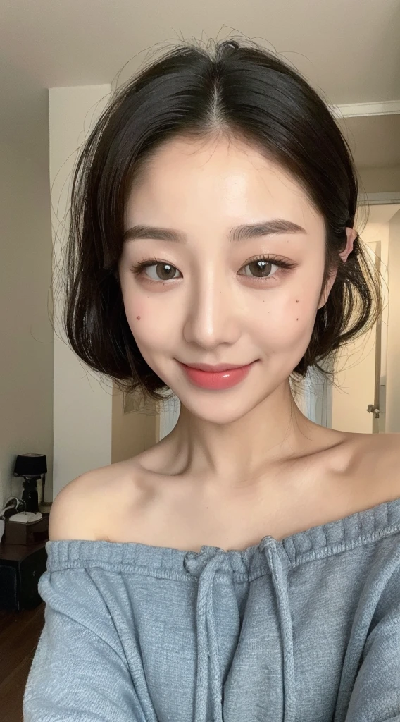 ((highest quality, 8k, masterpiece: 1.3)), One Girl, The beauty of slim abs: 1.3, (Random hairstyles casual, Very small breasts: 1.2), bikini: 1.1, Very beautiful face, Delicate eyes, double eyelid, Vertical navel,Cute Smile, Home,Dimples,There is a mole around the mouth,Chubby,Crouching,Turning around and looking at me,