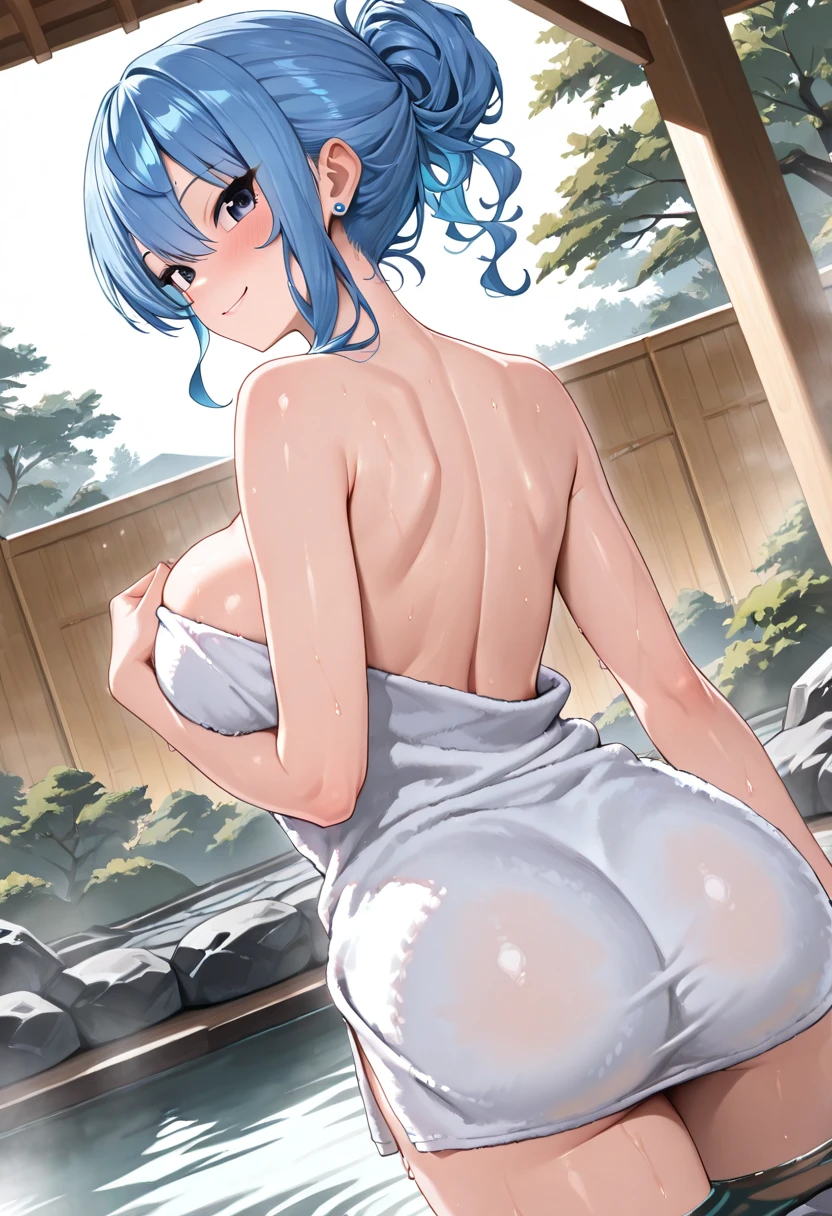 yelan,after shower,bathroom,a bit wet, wet hair,sexy, large breasts,perfectbody, mischief smile ,very sexy,close to camera,body fully covered with long towel ,blush on face, smiling , looking at her breasts ,back view, big ass,spread ass
