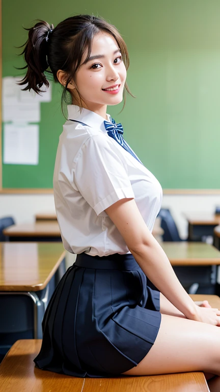 Thai girl, ponytail, white collar shirt, long-sleeved shirt, necktie, pleated skirt, dark blue long skirt, white socks, black loafers, Thighs look good., Sit with legs spread open on a chair., open legs to side., Showing her panties, white panties, panties view,in the classroom