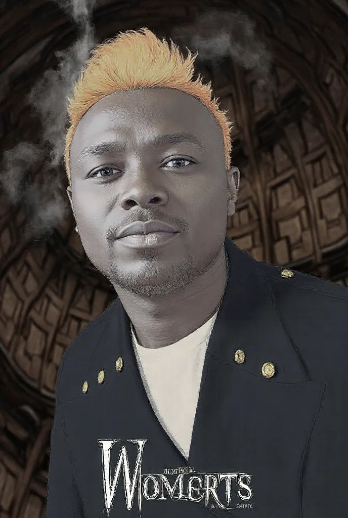 There is a man who is looking down, black man with blonde hair, blonde beard, ear ring, black jacket, blonde mustache