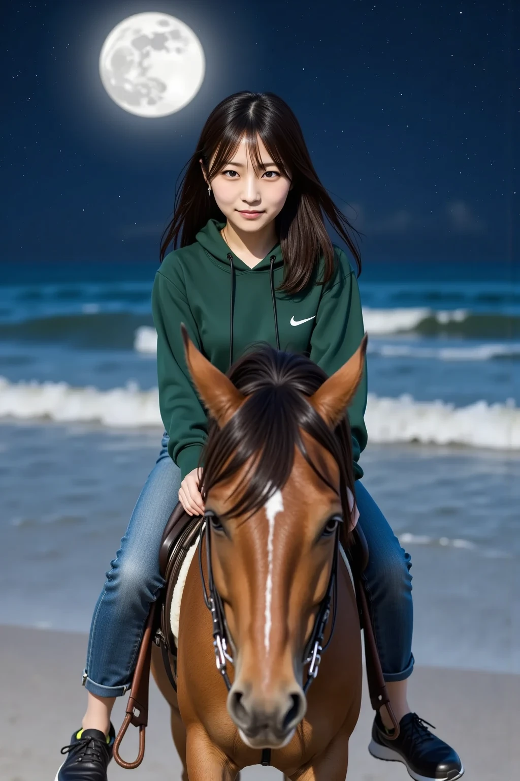 professional photography, a beautiful Japanese girl, smiling forward, wearing a transparent white t-shirt, big breasts, and a black skirt, riding a running horse, raining, her clothes soaked in the rain, wearing a cowboy hat, 8k, ultra-realistic