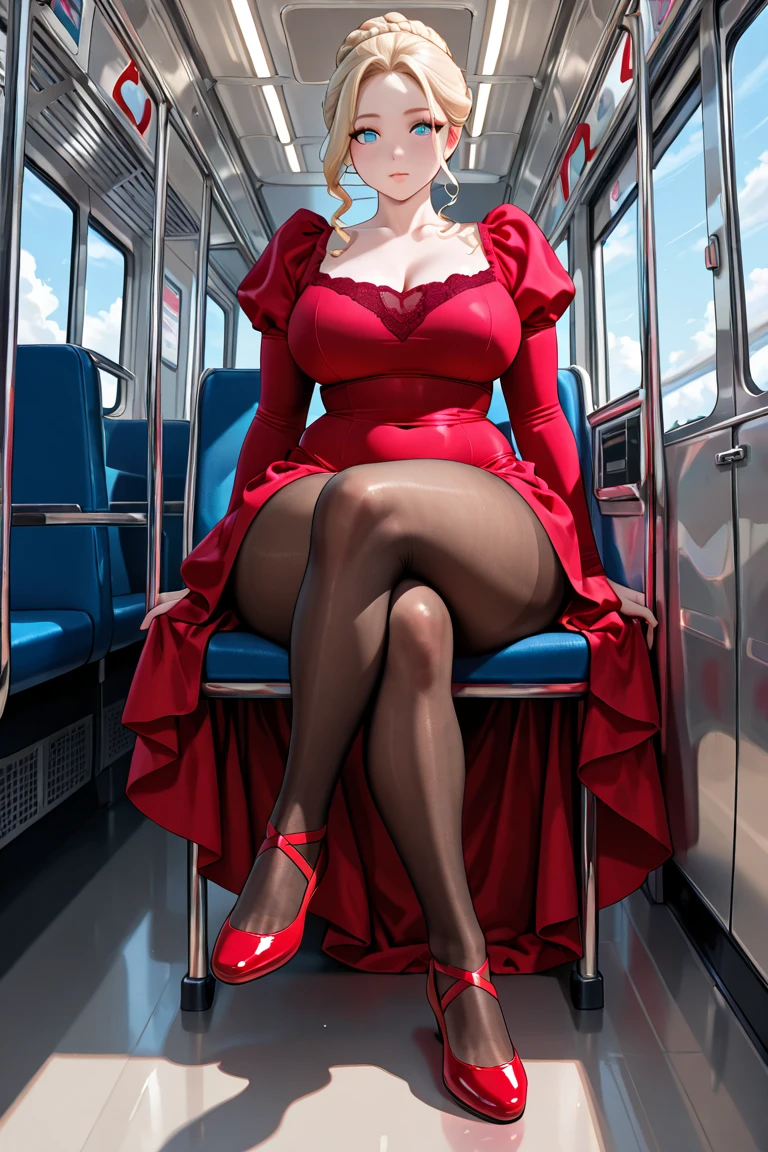 1 beautiful woman, large body, black hair, eyelids made up, red lips, CREAM dress, fishnet stockings, heeled shoes, eyes closed, asleep on the bus.