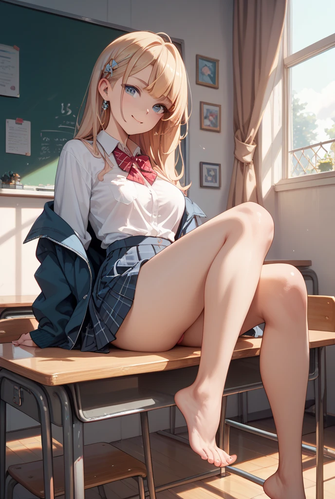 Dynamic posing, dynamic angle, Arrange pose,Top quality work，Show Legs，((short wavy Creamy Golden Blonde hair)),(Creamy Blonde hair),(short hair),(wavy hair),(golden eyes), ( 16 years old), lovely red lips, Rose cheeks, Pretty Face, A perfectly proportioned face, school shirt with red bow and black skirt, (school uniform),  white stockings，in classroom，full-body view， amazing, Large round chest、Beautiful eye details、Beautiful eyelashes、beautiful double eyelid,  with blush cheeks, talking to viewer, anime vtuber full body model, casual real life