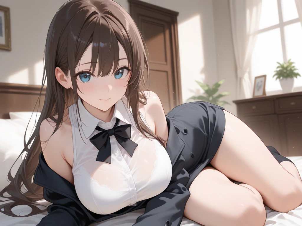 (((masterpiece, Highest quality, High resolution, 超High resolution, Perfect Pixel, Depth of written boundary, 4K, RTTX 10.0))), Beautiful Anime Woman, Beautiful art style, Anime characters, ((Smooth texture, Realistic texture, Anime CG Style)), Exact finger count、Exact number of legs、(Exact number of arms:1.0, Exact number of hands:1.0), (Perfect hands, Perfect Anatomy), Cinematic, Realistic, Extremely detailed CG, Daytime lighting, Perfect lighting, Best Shadow, The best natural light, whole body, Perfect body, バランのとれたPerfect body, Perfectly balanced style, Slender body, ((Long Hair, bangs, Reddish brown hair, Stylish bob cut)), ((A woman straddling a man in a suit who is lying on his back, in cowgirl position:1.8)), (Inserting penis into vagina while wearing panties:1.5), (pussy juice:1.6), ((Bow tie around neck:1.3), (Sexy and cute white underwear:1.3), (Stylish shiny white satin panties, Side-tie panties, Panties with plain white center and lace decoration on the sides:1.3), (Thin panties with red ribbon:1.3), (White micro lace satin bra, White bra with lace trim, Thin bra with red ribbon:1.3), (garter belt, Knee socks:1.3):1.3), (Beautiful and big breasts:1), (Embarrassed expression:1.4), blush, (sexual pleasure expression:1.5), (Facial expressions holding back pee:1.4), (Look up, Half-close your eyes:1.6), (Stylish bar, Stylish restaurant:1.4), naked, In underwear, Waitress in underwear, (Frilly maid-like headband:1.2), whole body, Angle from the front
