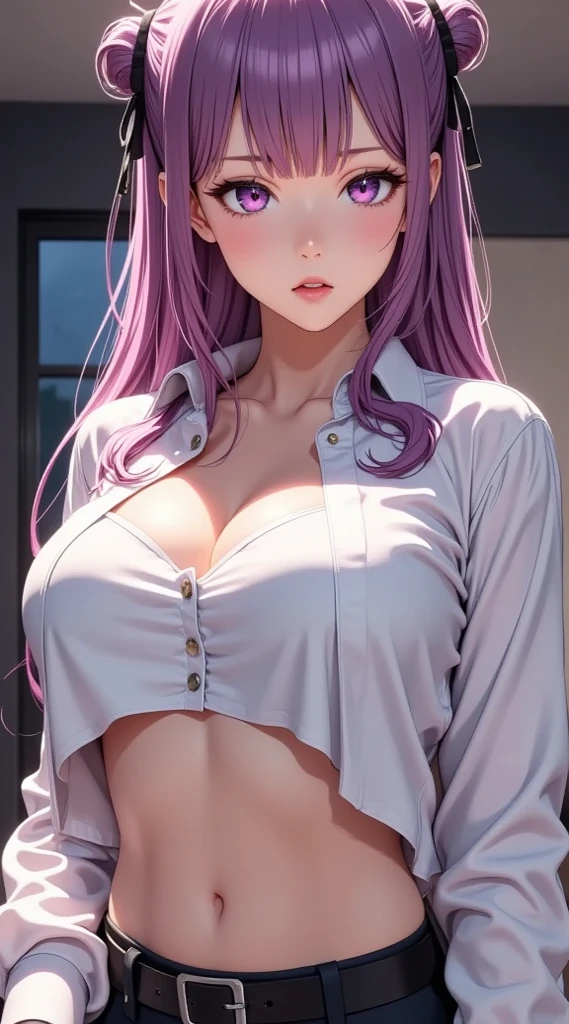 1girl (masterpiece, round_iris, extremely crisp crystalline shiny purple eyes, perfect_anatomy, extremely_captivating_hypnotic_mystic_eyes, ) perfect face, long pink hair, smiling evil, big breasts, wearing jeans, bra, gamer girl, gaming room, dynamic pose, best quality, 4k