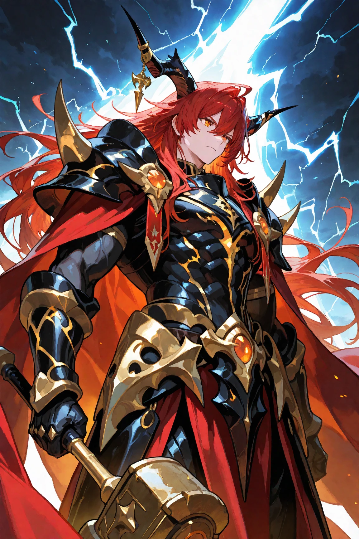 absurdres, highres, ultra detailed, HDR, master piece, best quality, Dante, red hair, long hair, expressive blue eyes, tanned skin, Nu Carnival, solo, sexy man, handsome, horny, lewd, demon, horns, black leather clothes, red cape, accessories, showing the chest, red sky, red moon, red trees, red spider lilies, fantasy, dark magic