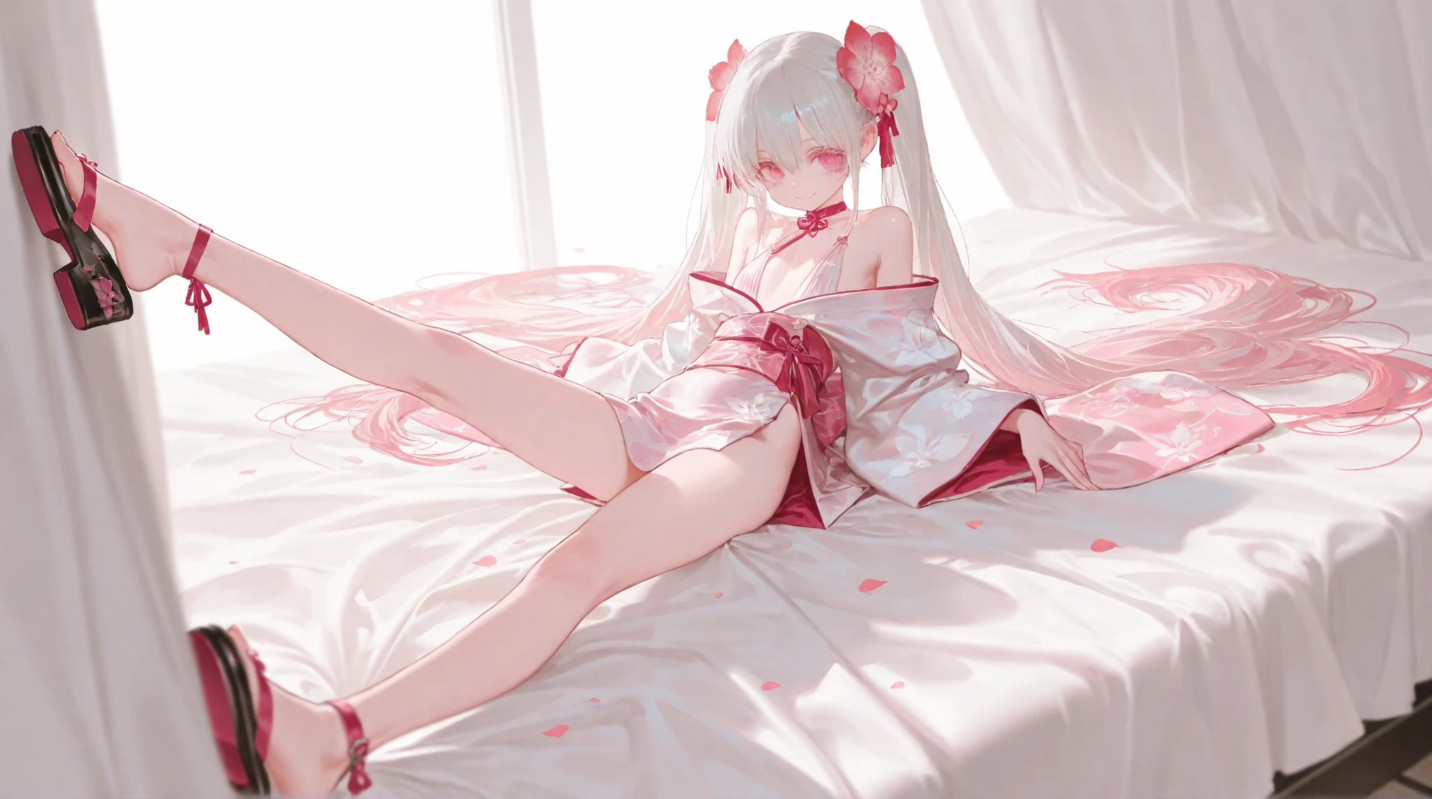 best qualtiy，tmasterpiece，超高分辨率，（Fidelity：1.9)，raw picture，1girll，Clothes are covered only  ，The sling falls on the arm，Superskirt，Part of the butt leaks，get down on the bed，your legs