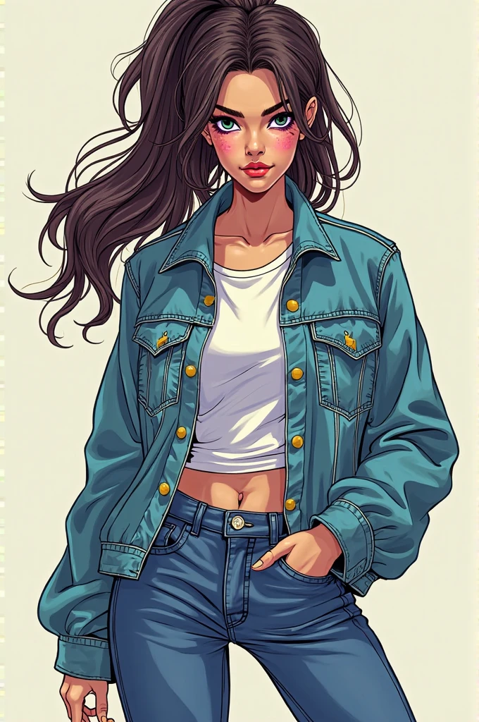 KittyPryde_gown_Subscribe to, 1 girl, Brown hair, pony tail, necklace, jewellery, Blue eyes, lipstick,long sleeve, lips, Long hair, medium breasts, blush, topknot, scrunchie, the picture, red lips, Hair decoration, Jeans, denim, chemise, blue trousers, navel, Caprihose, rosa jacke, Strickjacke, most absurd, ultra detailed, masterpiece, best quality, esthetic, detailed,ahegao, Looking at the viewer,