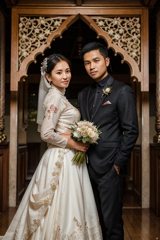 A bride with Burmese wedding dress and a groom with burmese wedding dress posing together at a traditional Burmese wedding ceremony