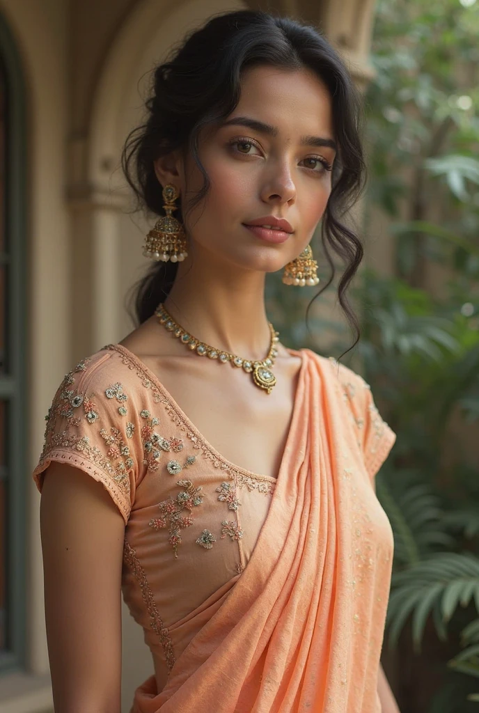 (medium full shot) of (vivacious indian princess) young woman, black hair, hairbun, brown eyes, curvy,             wearing Chanderi silk lehenga in soft peach, embellished with intricate thread work and pearl detailing, paired with a sheer dupatta, accessorized with a kamarbandh, chandbali earrings, and haathphool, regal kamarbandh with intricate enamel work, laughing, arms crossed,  set in  riverbank Riverside, Peaceful stretch of riverbank with weeping willow trees, wildflowers in bloom, the sound of water flowing over rocks, dragonflies darting above the surface , at night, ,Masterpiece,best quality, photorealistic, amazing quality, very aesthetic, extremely detailed face,