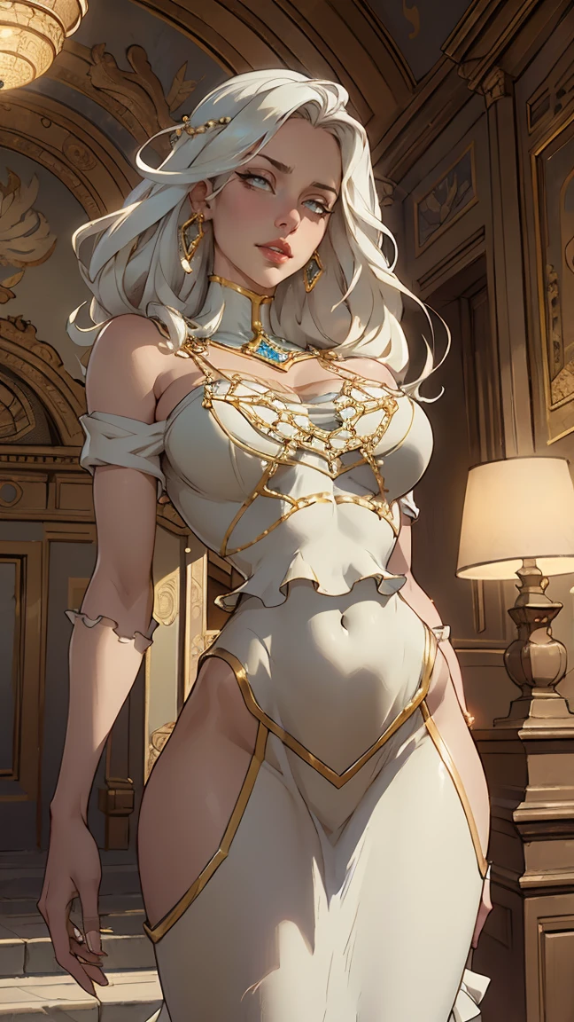 best quality, (masterpiece),(ultra-detailed), (high quality), (high resolution), ((3heads:1.5)), best quality:1.5, highres, UHD, 16K), smiling, highres, masterpiece, ((golden blonde hair)), cleavage, ((black dress)), lustrous and smooth skin, , (mature woman), seductive silhouette, ((slim hips)), casual dress, sexy proportions, Beautiful girl with accentuated slender abs, long legs, seductive woman, background, necklace, body con dress, strapless, sleeveless, blue green eyes, long hair, ponytail