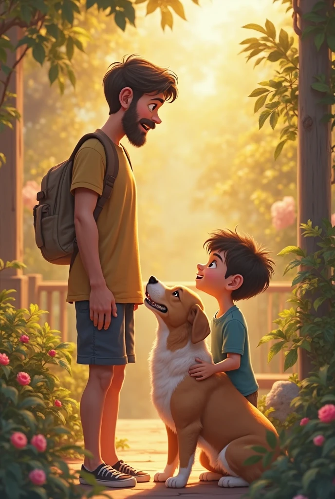 young boy and dog with old granny thanks them
. A detailed scene featuring a young boy around , with his loyal dog. The boy has short, slightly messy dark brown hair and large, expressive eyes with a thoughtful yet determined expression. He wears slightly wrinkled t-shirt, black knee-length shorts, and brown sneakers. On his wrist is a simple watch, and he carries a small leather bag in his left hand. The boy's dog is a medium-sized, fluffy golden-brown dog with a cheerful demeanor, wearing a harness with a small bow tie on its neck. The background adding depth and liveliness to the scene, but the focus remains on the boy and his dog.