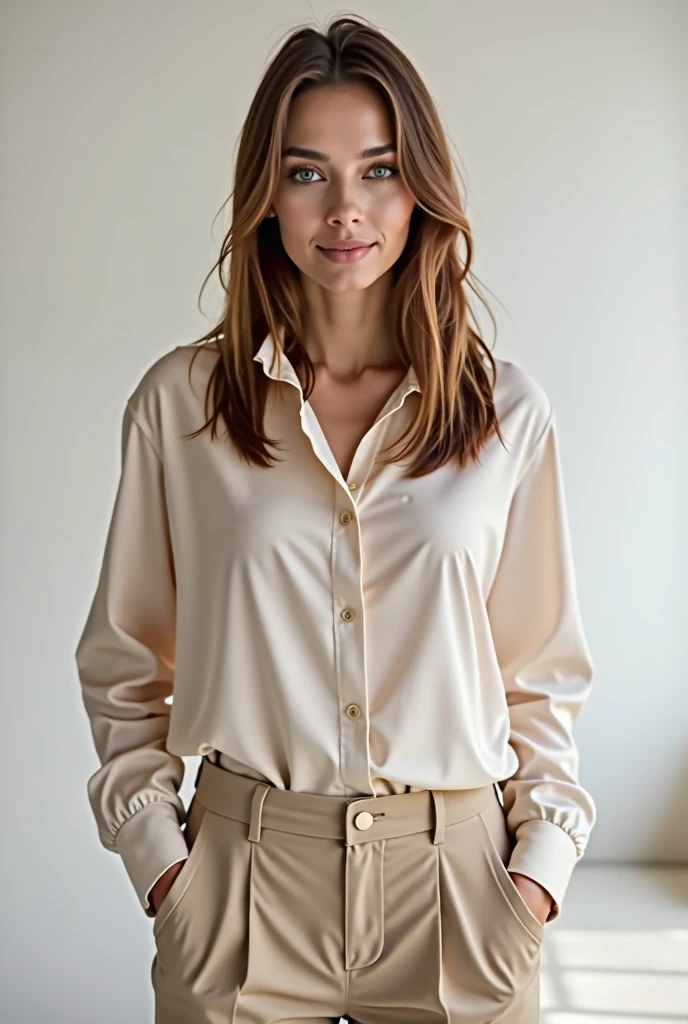 Dannii Minogue wearing an elegant collared shirt and plain pants in elegant colors and smiling