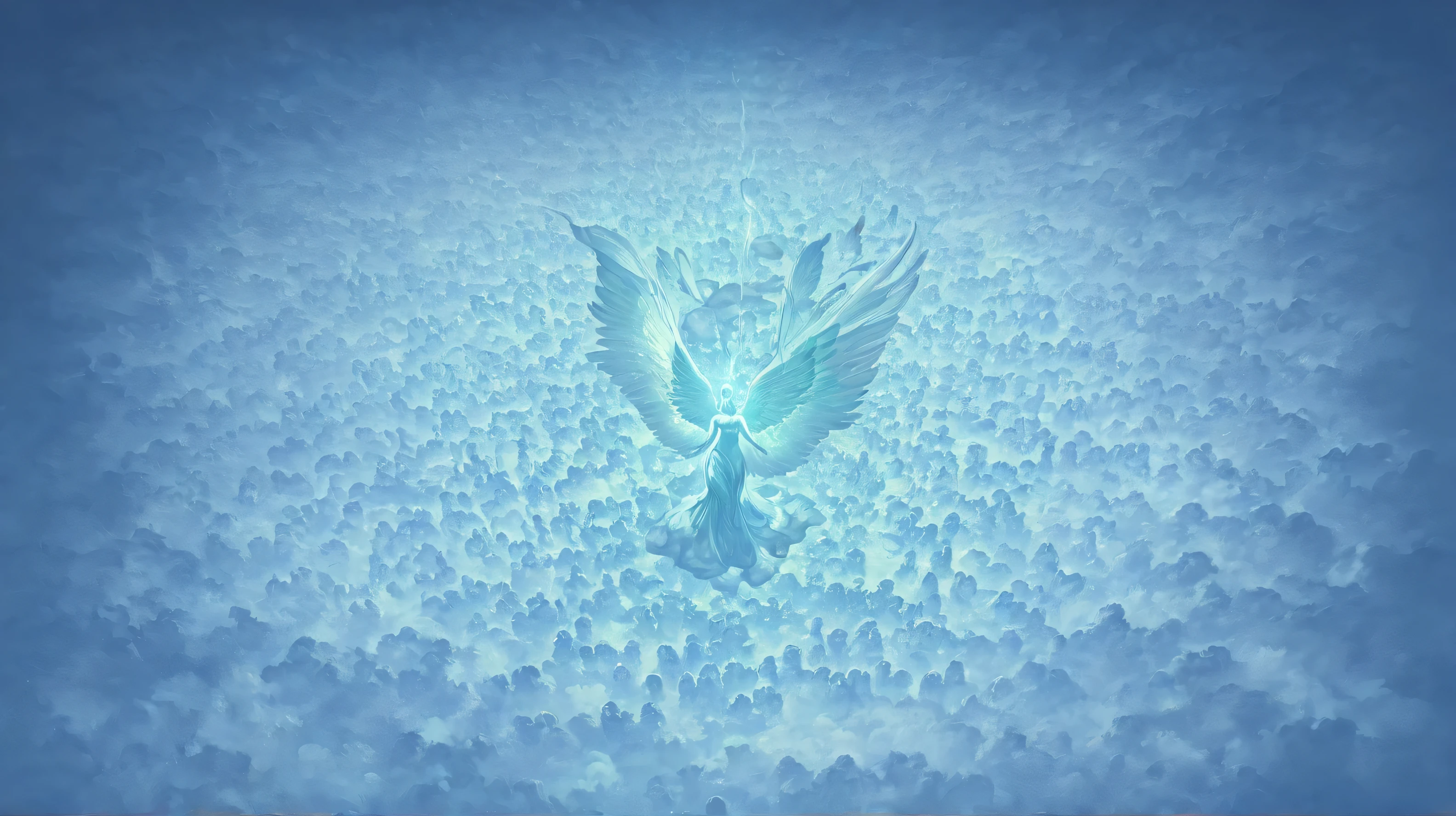 A pair of majestic, ethereal angel wings suspended in the sky, glowing softly with a teal hue, surrounded by fluffy, illuminated clouds and bathed in a serene, heavenly light from above. The atmosphere is calm, divine, and otherworldly, evoking a sense of peace and celestial beauty. Ultra-realistic feathers, soft gradients, and a dreamy, high-resolution aesthetic