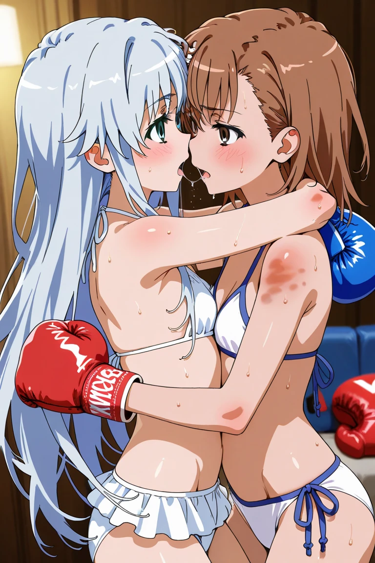 ((masterpiece)),((best quality)),(ultra-detailed),(an extremely delicate and beautiful),detailed background,((1girl)and(1shota boy)),((((hetero)))),(((wrestling ring))), ((((1girl,short stature)))),((((miyako(swimsuit)/(blue archive/)))),official alternate costume,(slender body:1.4), (long hair,ponytail),white hair,bangs, purple eyes, (midium breasts), covered navel, collarbone, pale skin,shiny skin, ((She wears one piece swimsuit,frilly swimsuit, hair ribbon)), (rolling eyes:1.4),(ahegao),(trembling), clothing aside, reverse suspended congress,face-to-face,((((soul kiss)))),tongue out,saliva trail,orgasm,pussy, sex, sex from behind, ((((female ejaculation)))),spoken heart, (cum in pussy:1.4),cum on clothes,cum on breasts,cum in mouth,cum on hair,(excessive cum), ((((1shota boy,short stature)))),(petite),large penis,dark-skinned shota,interracial,