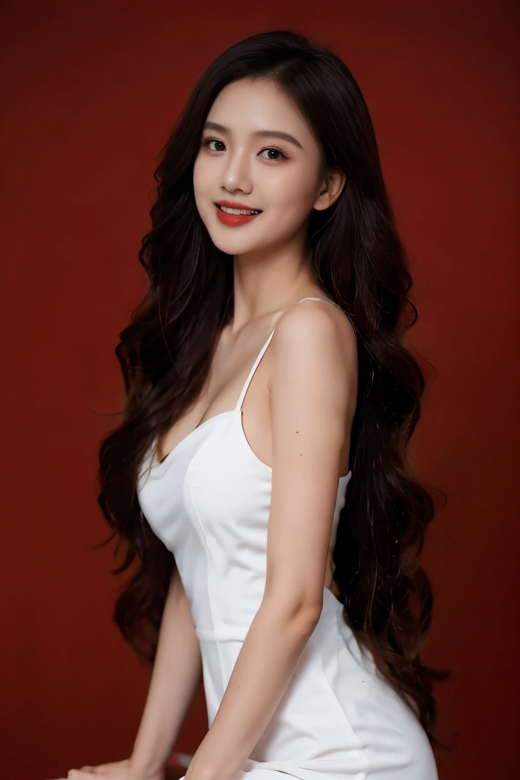 4k, masterpiece,, stunning beautiful idol detailed face, all body , (vietnam model girl), nsfw, sexy, see-though clothes, light smile, make up, big , red color, ((tet red color backdrop)), white sheer dress