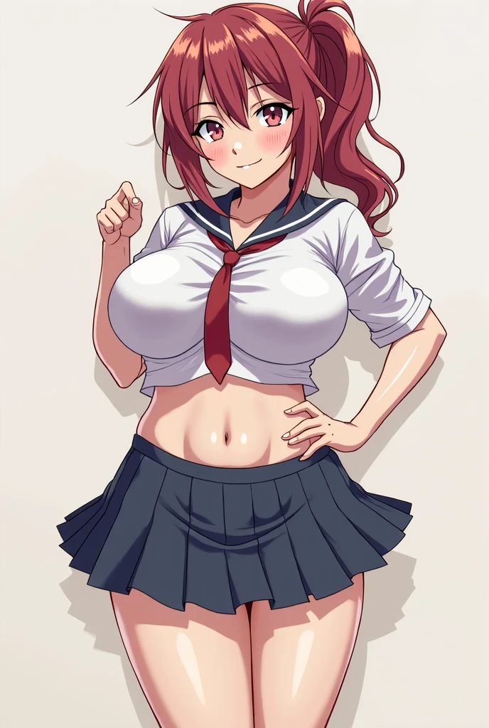 masterpiece, best quality, 1girl, ???????, thighhighs, solo, skirt, tongue, tongue out, red hair, navel, long hair, choker, blush, black thighhighs, covered ???????, ponytail, looking at viewer, brown eyes, underboob, hand on hip, heart choker, white background, pleated skirt, smile, ?????????????, midriff, simple background, ??? visible through thighs, , open mouth, hair ribbon, ????????????, ribbon, crop top