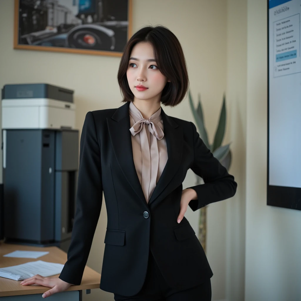 (Full body portrait), in the office, a Chinese beauty in uniform, (Retro finger waves),finger waves, perfect face, smirk, lipstick, red lips, well toned ass，Deep olive green tight fitting wool jacket, a brown-green shirt,wearing (Black uniform tie),Deep Olive Green Wool Pencil Skirt, （Black high heeled knee high boots）,(handing male colleague an envelope),(male colleague sitting on the office chair), smiling, blushing, bright eyes, 1 girl, 1 boy, full body standing, seductive smile, male colleague, office, desk, chair (night, bright lights), Best quality, masterpiece, ultra-high res, (photosensitive: 1.4), 8k Portrait of beautiful, enriched, elegant, highly detailed, Majestic, digital photography, art by artist and run jia and greg rutkowski, (masterpiece, sidelighting, finely detailed beautiful eyes: 1.2), hdr, detailed background,