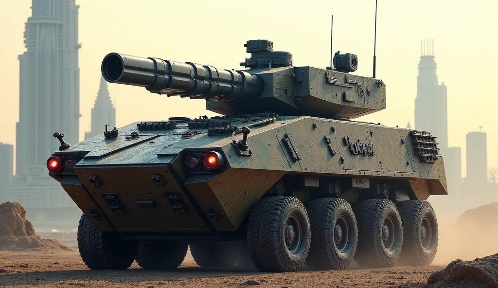 A hyper-realistic image of a military tank designed with the body shape of a Dodge Challenger. The vehicle combines the sleek, muscular lines of the Challenger with the rugged, armored features of a tank. The front of the vehicle features the iconic Challenger grille and headlights, seamlessly integrated with thick armor plating. The body has a low, wide profile, with heavy-duty tracks replacing the wheels. The tank is equipped with a large turret and cannon on top, and additional military hardware such as machine guns and reactive armor. The vehicle is painted in a matte camouflage pattern, blending urban and desert tones, and is depicted in a realistic military setting, such as a dusty battlefield or a military base. The overall look is powerful and intimidating, merging the aggressive styling of a muscle car with the formidable presence of a military tank