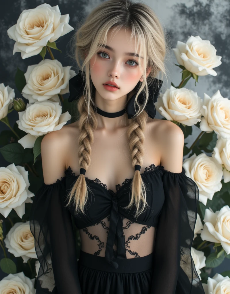 (absurdres, highres, ultra detailed)
1girl, jewelry, flower, earrings, long hair, dress, blonde hair, solo, tree, skull, hair ornament, white hair, holding, ring, bracelet, nature, bare shoulders, leaf, watermark, lips, necklace, gem, parted lips, outdoors, red lips, off shoulder, day, web address, wide sleeves, forest, orange flower, nail polish, sunlight, standing, red flower, branch, blue eyes