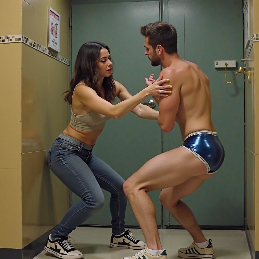 Young white blond man being arrested in navy blue underwear by a strong hairy armed police officer in his underwear inside a public restroom.