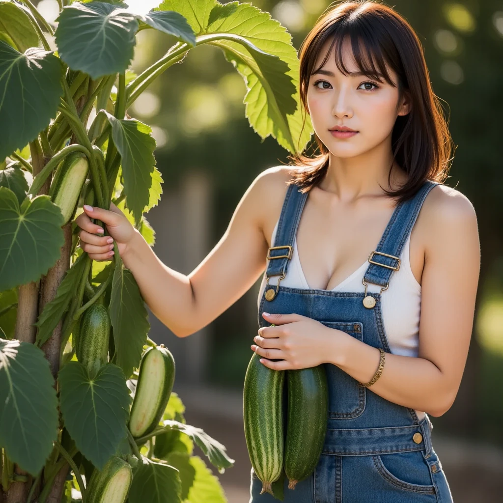 NSFW, masterpiece, best quality, ultra-detailed, sexy, in the farm, a woman with short hair in a straw hat and cut-off jeans shorts, (gigantic-breasted:1.2), ((nude)), (topless), beautiful black eyes, light smile, harvesting vegetables, on all fours,