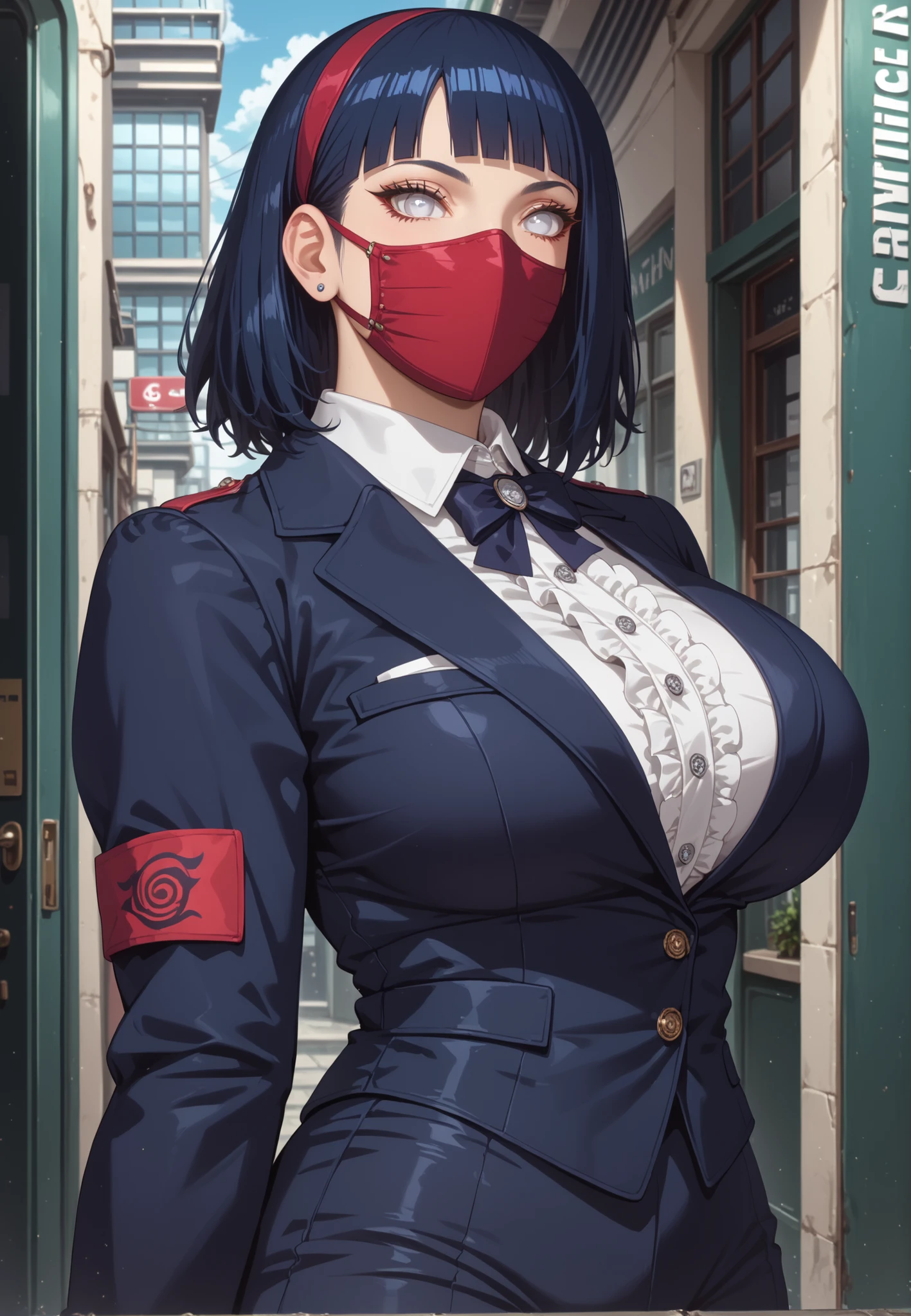 score_9,score_8_up,score_7_up,solo,looking at viewer, Hyūga _Hinata's/Boruto, White Eyes, Medium hair, Her's Long Bangs one that covers her face and the other hangs behind her head down past her shoulders,Dark Blue hair, Huge Breasts,(Future Era, Alternate Sci Fi Of Naruto Universe) (the secret underground bar)), lustfull Female, Very Attractive Woman, Perfect Body, formal, work attire - design your absolute favorite uniform!, Victorian-Style School uniform, Victorian Gloves, Track Cargo Pants and Mask, Detailed Eyelashes, Perfect Thick Eyelashes, Dark-Red Eyelashes, Cyber Templar Organization Leader, Standing, Full Body Focus Shot.