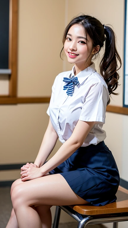 (masterpiece:1.2), Japanese, (18-year-old), (girl), ((Collared shirt)), (skirt), smile, Bedroom, Thighs, ((small face)), (bow tie), Hair Bun,