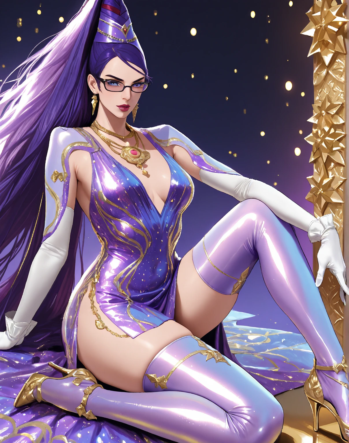 Darcy, yellow eyes, very long brown hair, blonde strips, purple croptop, pants, sunglasses, choker, looking at viewer, serious, seductive smile, on all fours, on large bed, romantic ambiance, high quality, masterpiece, <lora:WinxClubDarcy:.8>