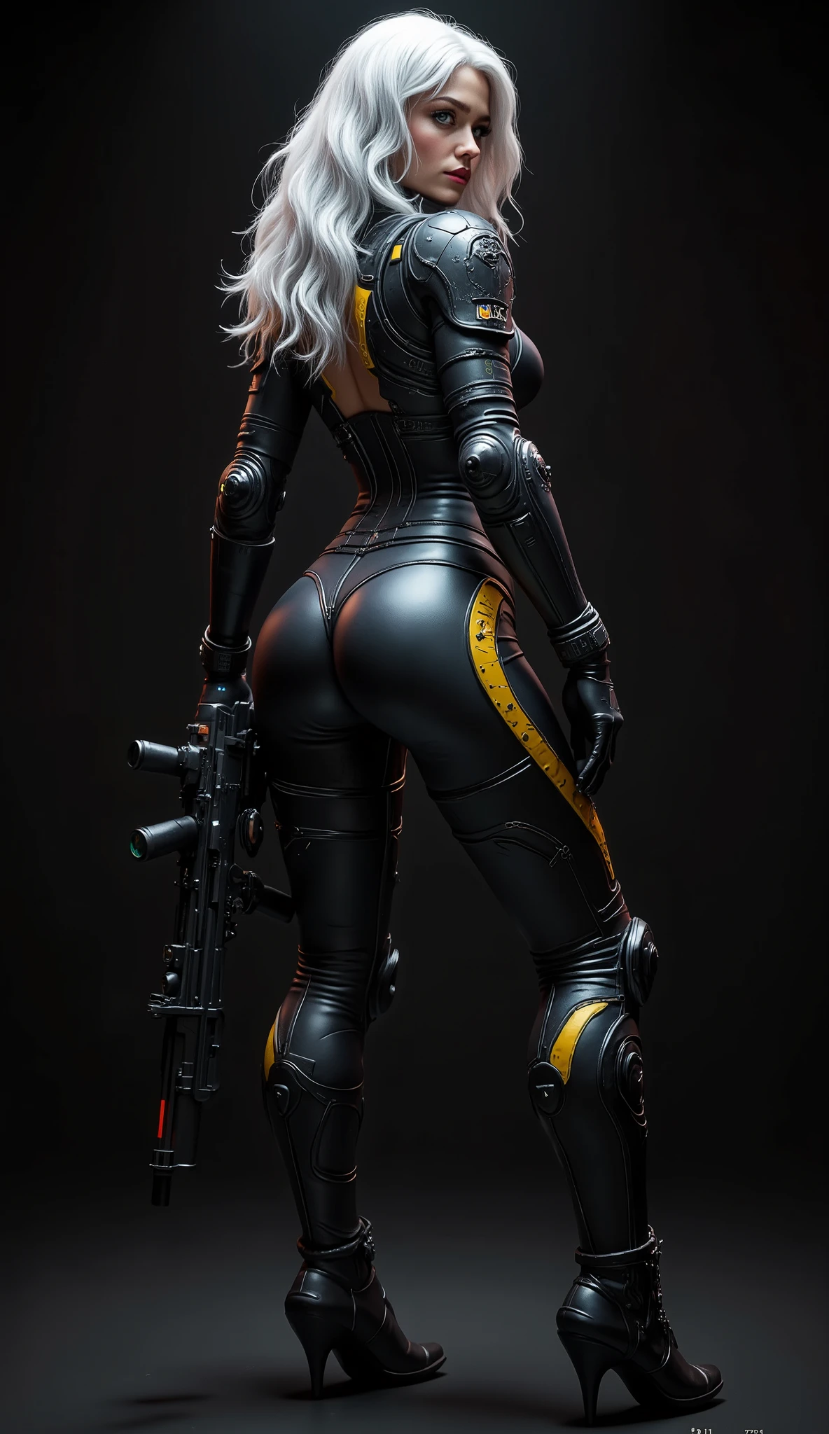 Create a high quality image, (8k, RAW photo, best quality, masterwork: 1.2), London (Azur Lane), fantasy_world, 1 woman, 4k, ray traced, ((artwork, highest quality, A maximum image quality, high resolution, photorealistic, CRU photo, 8k)), (best quality, 4k, high resolution, masterwork: 1.2), ultra detailed, (realistic, photorealistic: 1.37), ray traced, framed image. Full shot with her back to the camera, a beautiful warrior woman looks sideways at the viewer very sensual, very technological, perfect image, 8k, of a woman with white hair, very long wavy hair, her hair falls to her perfect round buttocks, very disheveled, very detailed green eyes, thick wet lips, parted lips, beautiful face, stares at the viewer from the side, sensual, sexy, very detailed eyes, long eyelashes, wearing a heavy combat suit, the woman wears an advanced mechanized jumpsuite, jumpsuite with yellow patterns, symbols of her assault unit engraved on her shoulder protectors, high-tech heavy armor, she carries in her hands an advanced futuristic assault machine gun with silencer and X4 reflex sight, LED ammunition indicator on the machine gun, additional ammunition, extra magazines and grenades, cartridge belts with ammunition, leather straps on her arms, advanced combat metal gloves, advanced mechanized combat jumpsuite Worn, with bumps, scratches and dirt from combat. Advanced technology mechanized combat suit, bluish light indicators on the sides and arm, narrow waist, normal hips, large and perfect ass, the jumpsuite fits her powerful buttocks, shapely legs, black and yellow hydraulic mechanical boots. Black headphones with a microphone on her head. Extremely beautiful and fit woman, with large and saggy breasts, cinematic composition, dark atmosphere, detailed facial features, photorealism, 8k, high quality, masterpiece. Dark scene with pure black background ideal for wallpaper.