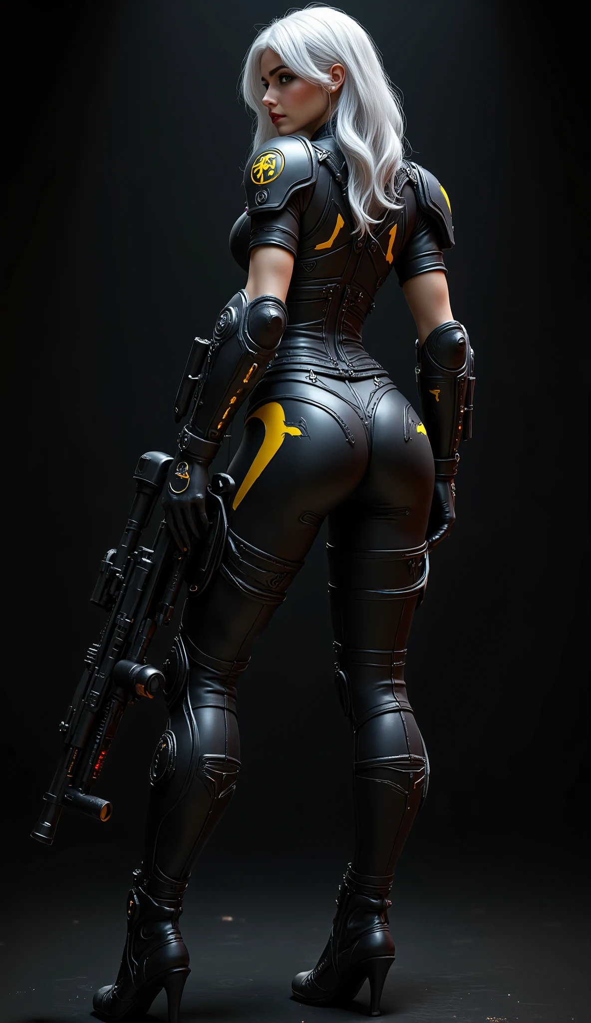 Create a high quality image, (8k, RAW photo, best quality, masterwork: 1.2), London (Azur Lane), fantasy_world, 1 woman, 4k, ray traced, ((artwork, highest quality, A maximum image quality, high resolution, photorealistic, CRU photo, 8k)), (best quality, 4k, high resolution, masterwork: 1.2), ultra detailed, (realistic, photorealistic: 1.37), ray traced, framed image. Full shot with her back to the camera, a beautiful warrior woman looks sideways at the viewer very sensual, very technological, perfect image, 8k, of a woman with white hair, very long wavy hair, her hair falls to her perfect round buttocks, very disheveled, very detailed green eyes, thick wet lips, parted lips, beautiful face, stares at the viewer from the side, sensual, sexy, very detailed eyes, long eyelashes, wearing a heavy combat suit, the woman wears an advanced mechanized jumpsuite, jumpsuite with yellow patterns, symbols of her assault unit engraved on her shoulder protectors, high-tech heavy armor, she carries in her hands an advanced futuristic assault machine gun with silencer and X4 reflex sight, LED ammunition indicator on the machine gun, additional ammunition, extra magazines and grenades, cartridge belts with ammunition, leather straps on her arms, advanced combat metal gloves, advanced mechanized combat jumpsuite Worn, with bumps, scratches and dirt from combat. Advanced technology mechanized combat suit, bluish light indicators on the sides and arm, narrow waist, normal hips, large and perfect ass, the jumpsuite fits her powerful buttocks, shapely legs, black and yellow hydraulic mechanical boots. Black headphones with a microphone on her head. Extremely beautiful and fit woman, with large and saggy breasts, cinematic composition, dark atmosphere, detailed facial features, photorealism, 8k, high quality, masterpiece. Dark scene with pure black background ideal for wallpaper.
