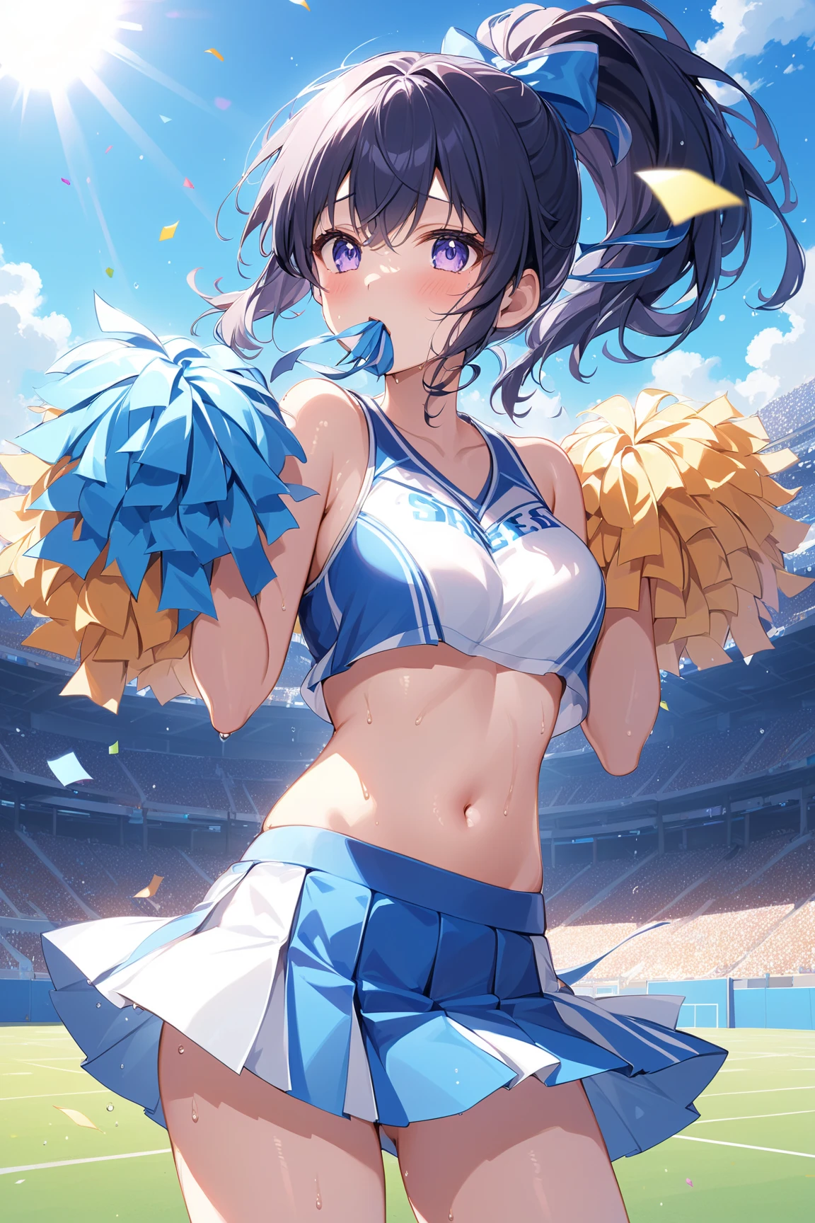 nsfw:1.5,(((Perfect Anatomy, Anatomically correct, Very detailedな肌))), 1 girl, Japanese, high School girl, Shiny skin, Observe the audience, ((Back view, From below)), Beautiful Hair, Beautiful Face, Beautiful details, (short hair:1.1, Bobcut:1.2), Dark blonde hair:1, blue eyes, , Mole under the eye, Beautiful clavicle, Beautiful body, Beautiful breasts, Big Breasts:0.5, Beautiful thighs, Beautiful legs, Camel Toe, (((Blue Sleeveless Cheerleader:1.2))), ((Thigh-high boots)), Removable sleeve, Captivating thighs, ((Embarrassing, Scared, sad, tears, cry, Half-open mouth)), Are standing, (((Leaning forward), Take off, Raise one leg, The skirt is rolling up、Strong winds)), (Beautiful views), summer, School, locker room, 8k, highest quality, Masterpiece:1.2, Very detailed), (Realistic), Beautiful illustrations, Natural light, whole body,