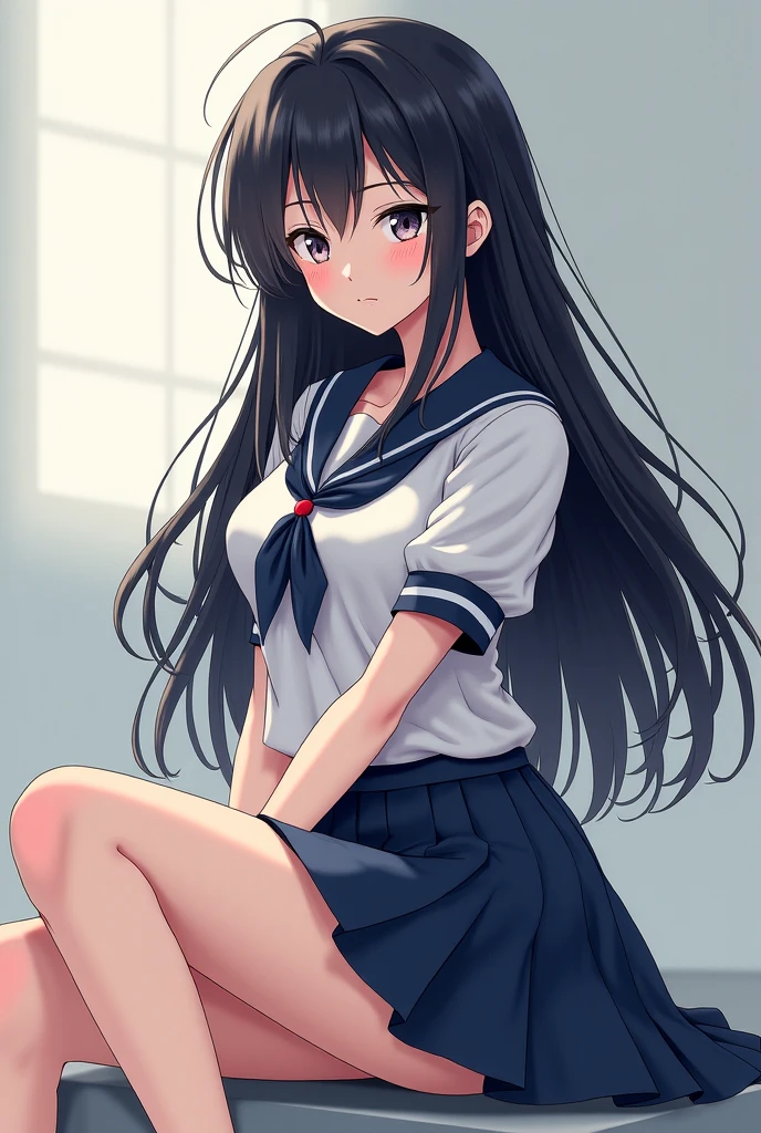 A 10-year-old elementary school girl with long black hair wearing a school uniform who lifts up her skirt to reveal white panties.