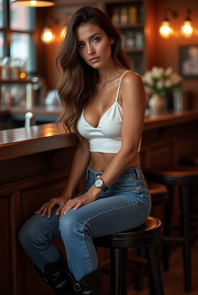 a brunette woman, brown hair (best quality,4k,8k,highres,masterpiece:1.2),ultra-detailed,(realistic,photorealistic,photo-realistic:1.37),23 year old araffe woman in a white bra top sitting on a bar, a portrait inspired by Hedi Xandt, shutterstock, fantastic realism, sexy girl, sexy look, sultry and beckoning, sexy girl with dark brown hair, sexy pose, brown hair and a perfect body, very sexy pose, sitting on a table, sexy woman, big breast, long girl, sexy pose,fit abdominal muscles