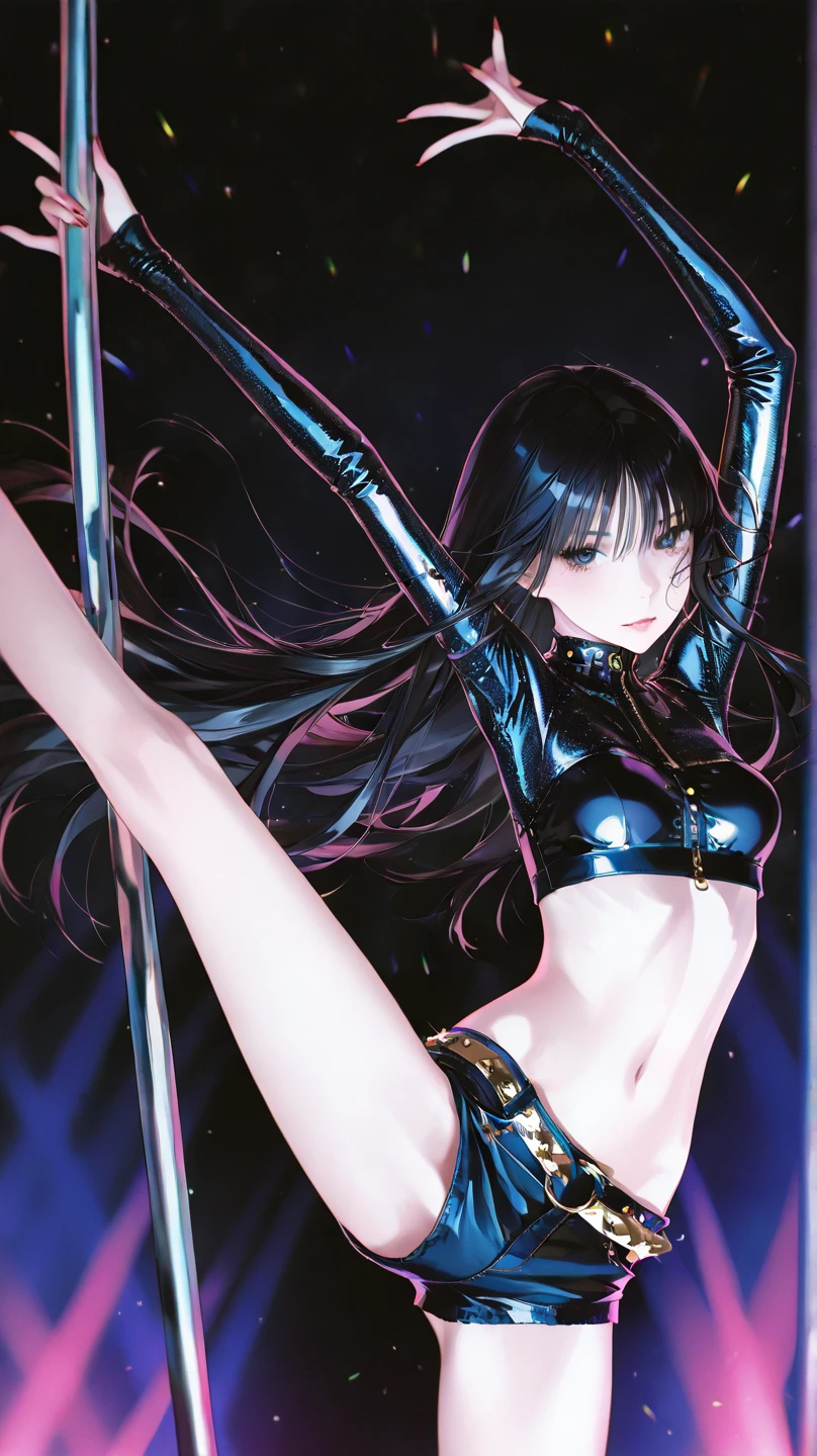 (Finest quality)),(A high resolution),(ultra-detailled art),(Meticulous portrayal),((Best Anime)),(Finest works of art),sharpness,Clear,Ultra-Precision Art,The art of astounding depiction, (Female Ninja in the Dark:1.3),
short Hair, purple hair, vibrant purple hair, extremely detailed hair, detailed bangs, with bangs, short hair only,
pretty face, beautiful lips, soft lips,pretty face, close up face,serious face, pretty nose, beautiful nose,
pretty eyes, beautiful eyes, detailed eyes, perfect eyes, green eyes,
korean girl, korean beauty, irene, red velvet irene,
clear skin, clear skin, white skin, soft skin, slim body, small breasts, detailed body, detailed skin, detailed thighs, show navel, sexy body, show legs, detailed legs,
normal thighs, show navel,
body suit, black cycling shorts, black top, black arm sleeves, reveal shoulders,
looking at camera,
super low-angle shot, looking down,