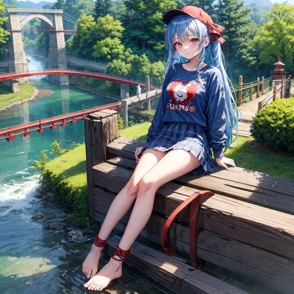 creepy miku doll in blue suspenders and white shirt sitting on a log, narupajin, sunset, purple sky, trees, bokeh, lens flare <lora:narumiku-run8-e32:1>