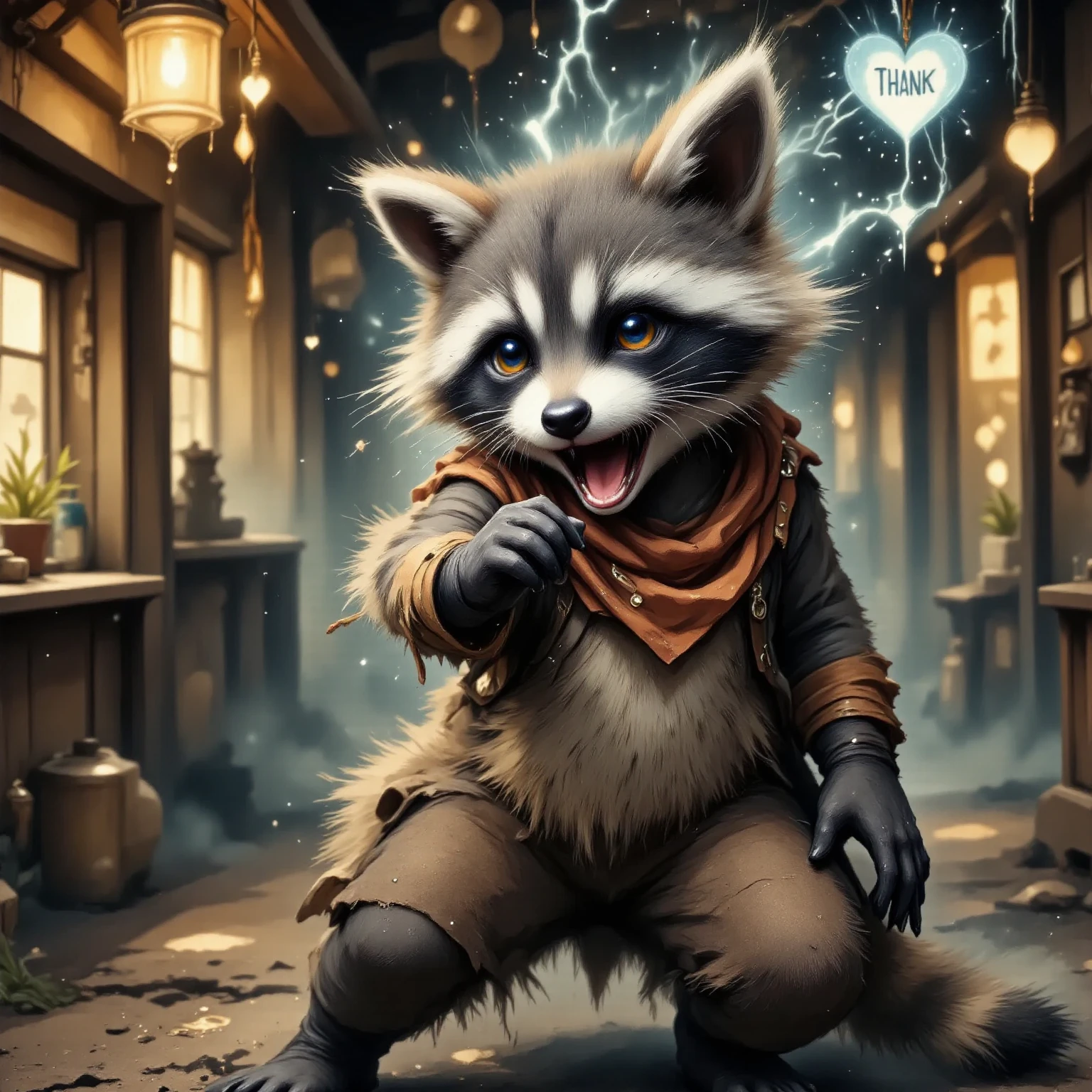 Create an image of a tanuki being exposed to a severe storm during a typhoon.