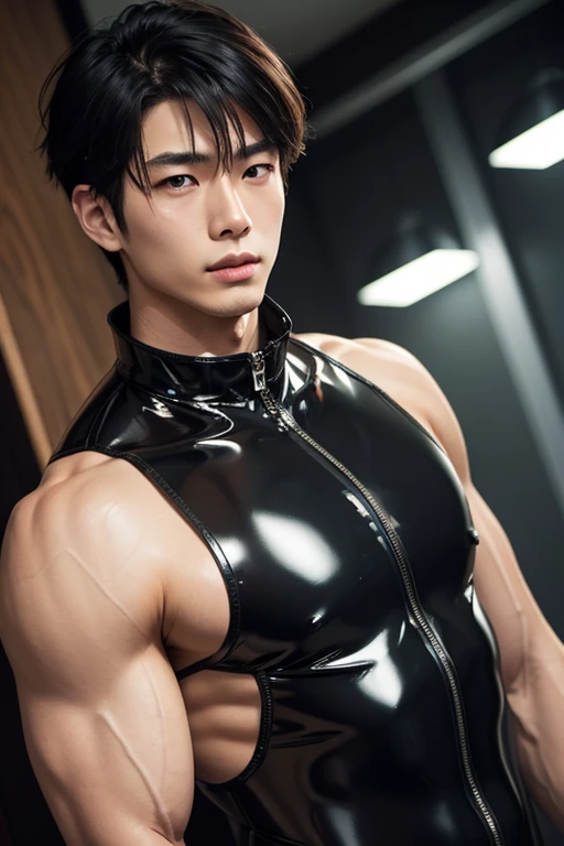 masterpiece,best quality, (An 18-year-old boy with extraordinary development:1.2), (Tall and fit body),(Kneeling upright on the campus grass),Look up at the characters,Front view,Stay away from the camera,Tight one-piece cycling suit,Broad and straight shoulders,Muscular shoulders,(Extremely strong body),Muscular body,Fitness,Perfect body proportions,Inverted triangle figure,Biceps,Highlight muscle texture, Muscular body,Slender and toned legs,Small head,Handsome and cute face,Perfectly detailed facial features,Looking at the camera,A serious and angry expression,leaning back,head tilt, happy, very short hair, brown hair,(looking at viewer:1.2),full body,Vision