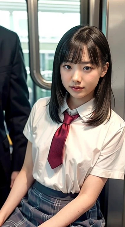 masterpiece, High resolution, Ultra High resolution, 4K, Black Hair, Japanese Girls, Uniform skirt, Accentuate your thighs, White thighs, Soft thighs, Shiny thighs, Sitting on a train, Facing angle, Angle from below, Sitting on a train Seat, Sit in front, Zoom camera to hip joint, Put your feet on the train floor, whole body, Looking down and sleepy, Only watching the audience, Highest quality, Ultra High resolution, Realistic, High resolution, detailed, RAW Photos, sharp, Nikon Film Stock Photos, Rich lens color, Ultra-realistic and realistic texture, Dramatic lighting, Unreal Engine,