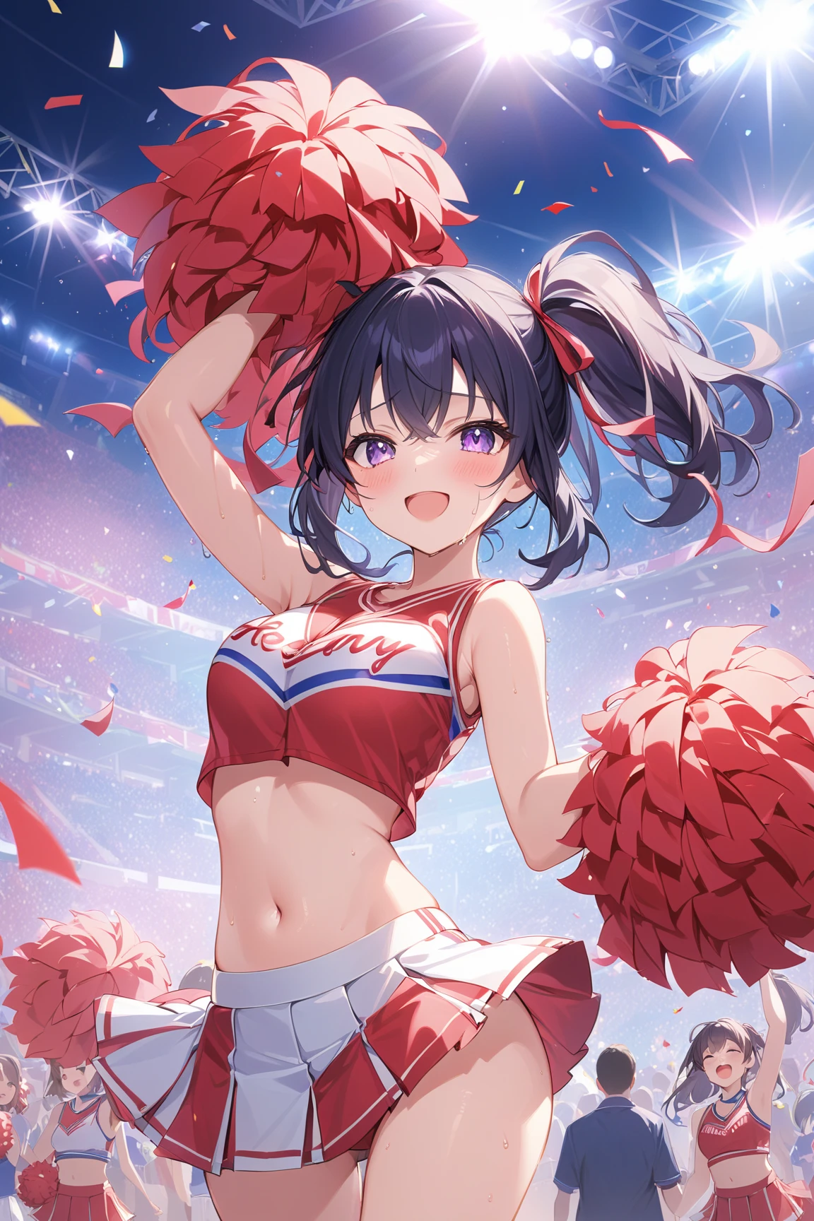 (masterpiece:1.3), (8K、best quality:1.4), (Best image quality, Intricate details, high resolution, Depth field, Natural light, Professional lighting), (1 girl), (Solitary), (Asian Girls, Very beautiful 18 year old comic girl), (Very beautiful woman、A charming and beautiful woman, 美しい銀髪のBob Cooter, 強い青いEye, 強いEyeのハイライト, Large breasts, Perfect anatomical structure, Dynamic Lighting, Lip Gloss), A beautiful face with perfect symmetry, Beautiful and delicate woman, Very nice facial details, とても美しい詳細なEye, Smile at the audience, Laughing happily, Beautiful Teeth, Beautiful Teeth alignment, Very detailed, Very detailed, Beautiful Teeth, Beautiful Teeth alignment, Very detailed, Very detailed, ((Detailed cheerleader:1.2)), The light shines on your face, ((Dynamic poses)), Bob Cooter, Cross Bangs, Asymmetrical bangs, Long Neck, Let me see your ears, disappear'Eye, Eyelash, Lovely, Large breasts、very beautiful and big, Very beautiful breast shape, Beautiful cleavage, Tall supermodel, Long-legged supermodel, 超级名模Dress up as a cheerleader, Strike a pose, Dress up as a cheerleader, woman closeup, to the camera, laughter, (Cheerleading costumes), ((scarf, Open-front sleeveless shirt, Flared skirt, mini skirt)), Young slim gravure idol, Young gravure idol, Young gravure idol, Stadium background during daytime