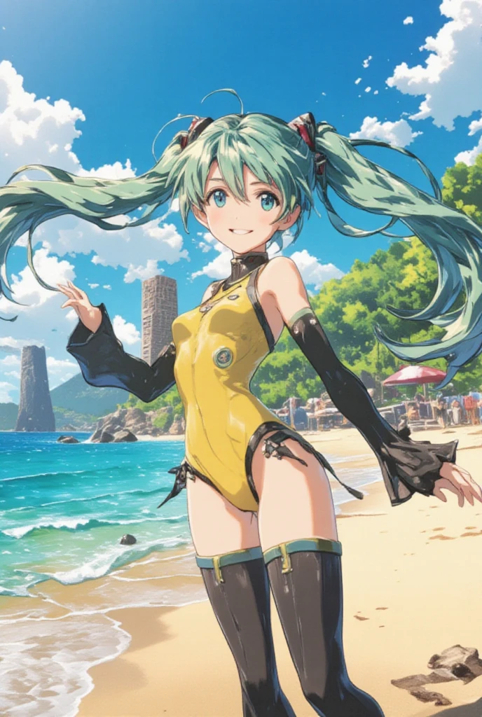 (sfw), intricate details, (bright neon colors), detailed background, daylight, beach, 1girl, (petite, (cute face, bright glowing amber eyes), (human torso, petite perky breasts, bright yellow bikini, robotic arms, robotic legs), (lime green hair, absurdly long twintails hair blowing in the wind)), dynamic angle