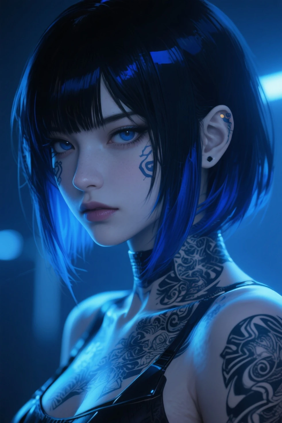 cinematic film still of wet haired girl, blue eyes, fear of the dark, realistic, <lora:jinxlol.z1tz:1>, jinx, league of legends, (sidecut short hair:1.5), (black hair:1.2)
