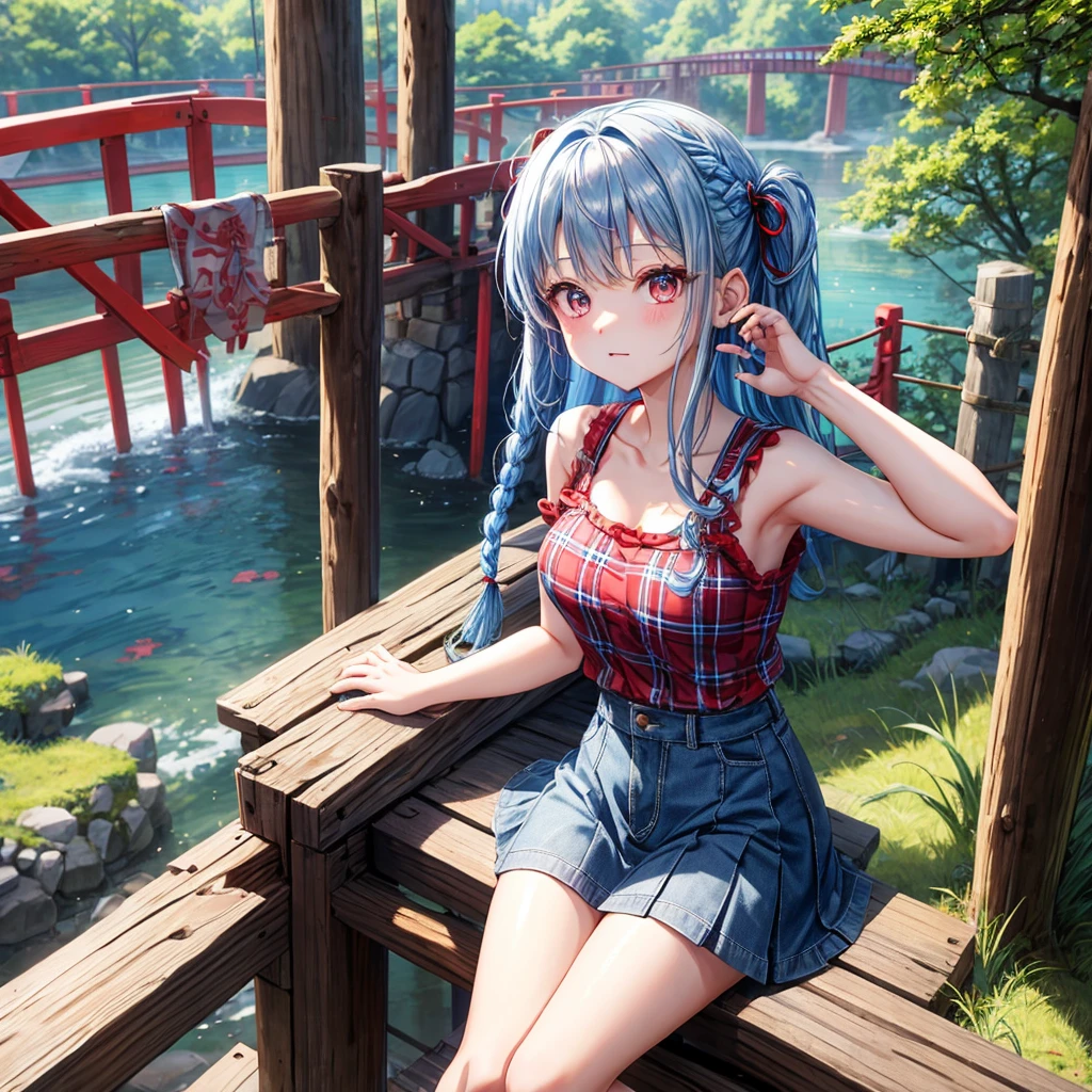 Perfect Anatomy、Perfect human body、Anime Style、(((Highest quality、最高masterpiece、Official Art、Award-winning works、超detailed、Fine hair lines)))、Dynamic composition、Mechanic、Machine Body、超detailed、masterpiece、Highest quality、beautiful、detailed、solo、A soft smile、A light smile、One Girl、blue eyes、Milky white and red gradient long hair、French Braid、bangs、Mid-chest、Hair Ribbon、frilled choker、Cross halter、Unique clothing、Wide sleeves、pantyhose、Patterned legwear、Knee-high boots、