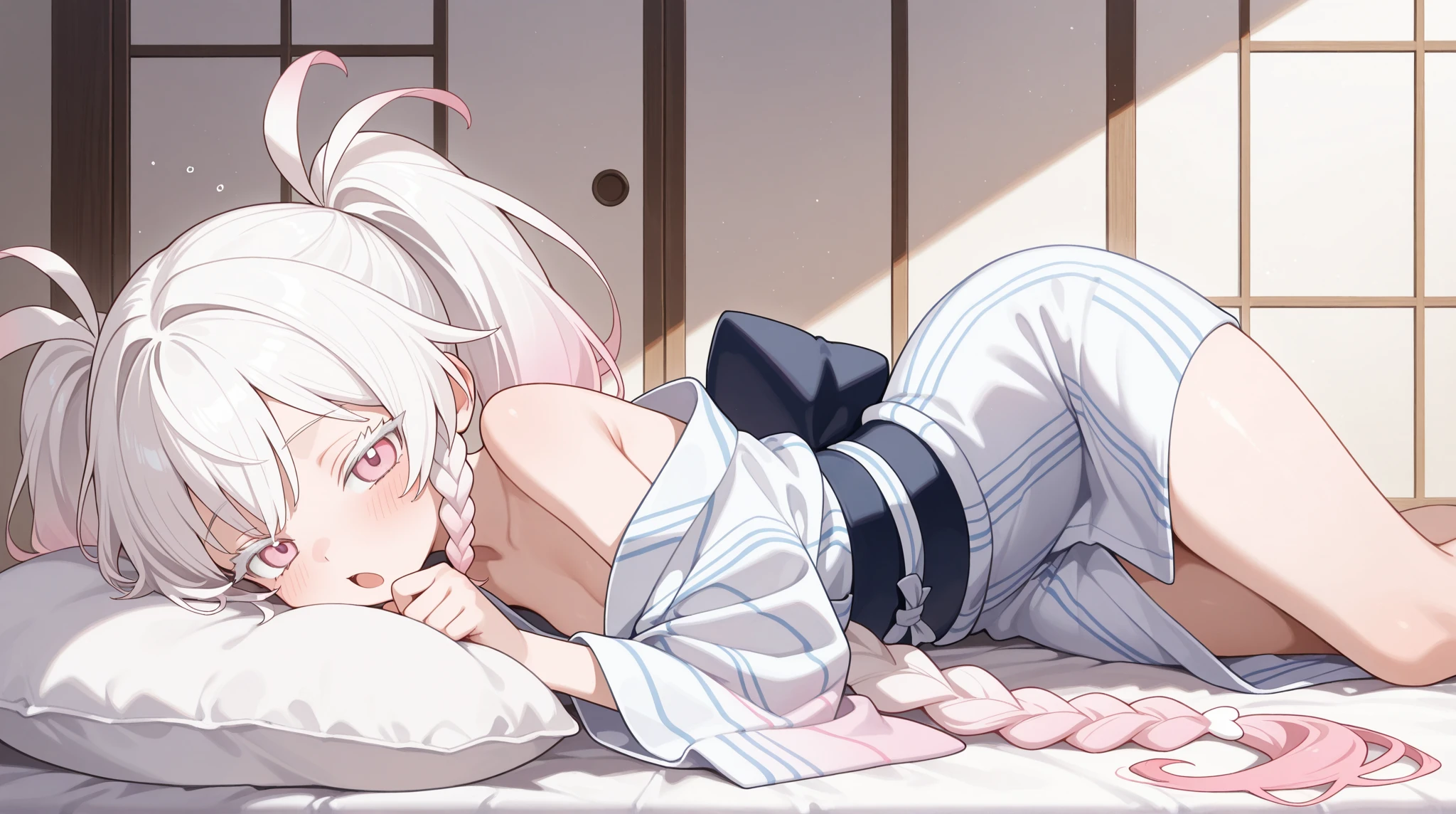 White Hair Girl、Pink Eyes、Short Hair、Only one girl、Night、In the bedroom、Blushing、laughing、Excited、Just One、Sitting on the bed、Sweating、With tears in their eyes、On all fours