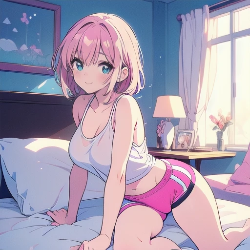 source_anime,
highres,8k,absurdres,(masterpiece,best quality:1.2),official art,super fine illustration,flat colors,(looking away:1.2),(extremely delicate and beautiful),very detailed backgroud,girlish room,bed,Pink hair, ponytail, back view, hands covering breasts, other hand holding bra, blushing, blue eyes, white panties, on bed, wariza, window in background, daytime,