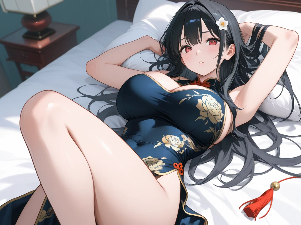 1girl, solo, masterpiece, best quality,
      <lora:miyuki-mahouka:0.8>,
          gold trim, dragon print, mahouka koukou no rettousei, miyuki shiba, shiba miyuki, black eyes, blue eyes, tsurime, eyelashes, black hair, long hair, hime cut, straight hair, blunt bangs, blunt ends, sidelocks, hair ornament, snowflake hair ornament, tress ribbon, china dress, chinese clothes, clothing cutout, cleavage cutout, dress, sleeveless dress, sleeveless, bare shoulders, bare arms, cleavage, red dress, large breasts, side slit, bare legs,
          underwear, panties, crotch seam, black panties, upskirt, clothes lift, dress lift,
          cowboy shot, lying, looking at viewer, on back, on bed,
          blush, surprised, :o, open mouth, !,
          bed sheet, pillow