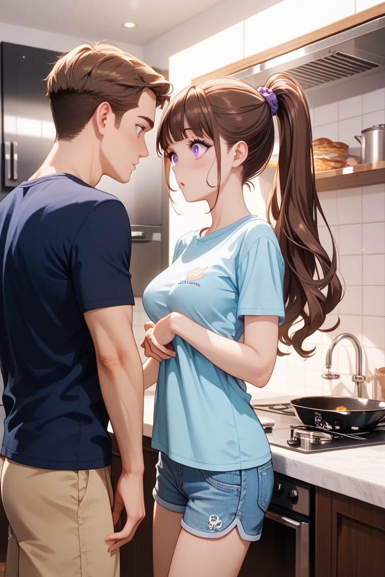 8K quality、High resolution、Realistic skin texture、High resolutionの瞳、Man standing in kitchen、Woman pressing her butt against man、A housewife seduces a man、A neat U-neck and a mini skirt、thin、Model Body Type、Ripe body、Off the shoulder、Realistic female genitalia、Small breasts